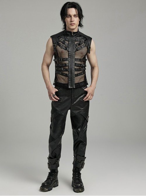 Handsome Black Non Elastic Rubber Spliced Stretch Mesh Punk Style Hollow Vest