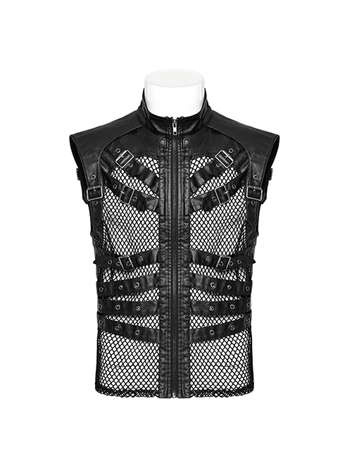 Handsome Black Non Elastic Rubber Spliced Stretch Mesh Punk Style Hollow Vest