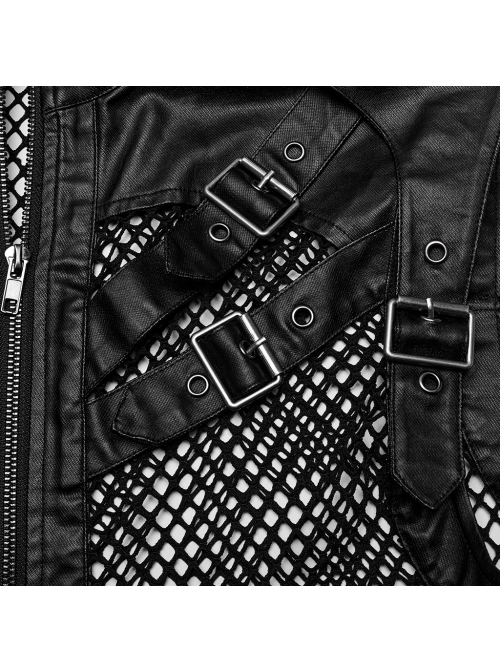 Handsome Black Non Elastic Rubber Spliced Stretch Mesh Punk Style Hollow Vest