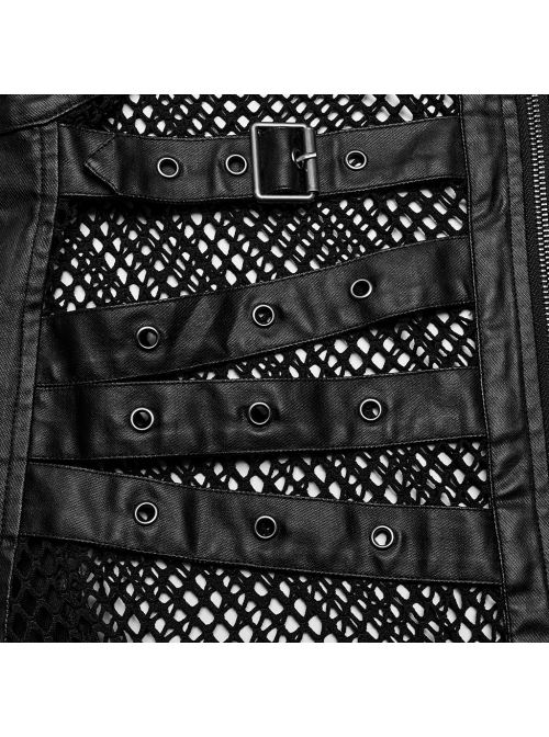 Handsome Black Non Elastic Rubber Spliced Stretch Mesh Punk Style Hollow Vest