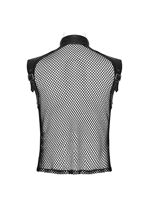 Handsome Black Non Elastic Rubber Spliced Stretch Mesh Punk Style Hollow Vest