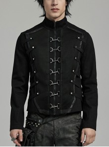 Black Twill Woven Splicing Thick Mesh Front D-Shaped Buckle Decoration With Webbing Studs Punk Style Long Sleeved Jacket