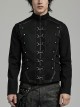 Black Twill Woven Splicing Thick Mesh Front D-Shaped Buckle Decoration With Webbing Studs Punk Style Long Sleeved Jacket