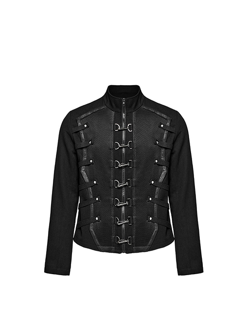 Black Twill Woven Splicing Thick Mesh Front D-Shaped Buckle Decoration With Webbing Studs Punk Style Long Sleeved Jacket