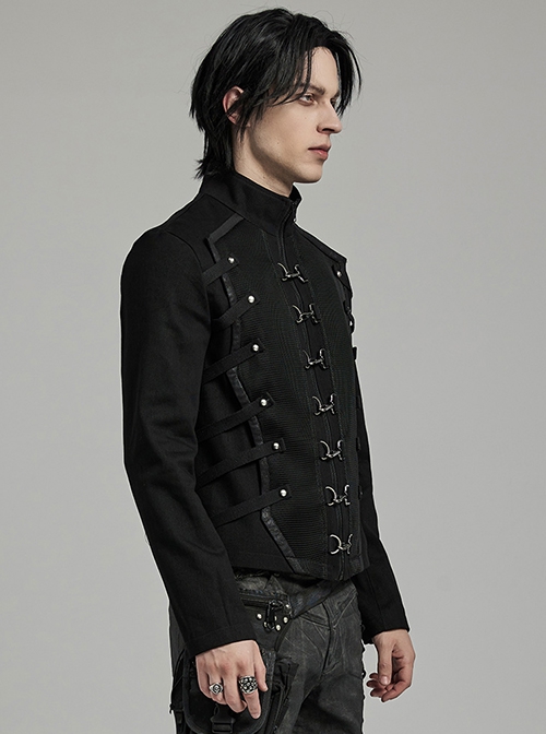 Black Twill Woven Splicing Thick Mesh Front D-Shaped Buckle Decoration With Webbing Studs Punk Style Long Sleeved Jacket