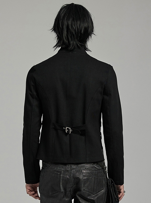 Black Twill Woven Splicing Thick Mesh Front D-Shaped Buckle Decoration With Webbing Studs Punk Style Long Sleeved Jacket