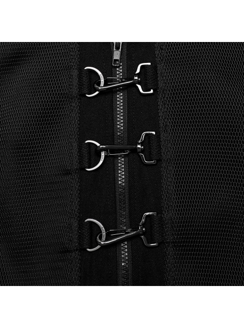 Black Twill Woven Splicing Thick Mesh Front D-Shaped Buckle Decoration With Webbing Studs Punk Style Long Sleeved Jacket