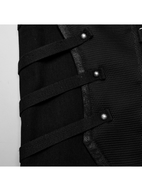 Black Twill Woven Splicing Thick Mesh Front D-Shaped Buckle Decoration With Webbing Studs Punk Style Long Sleeved Jacket