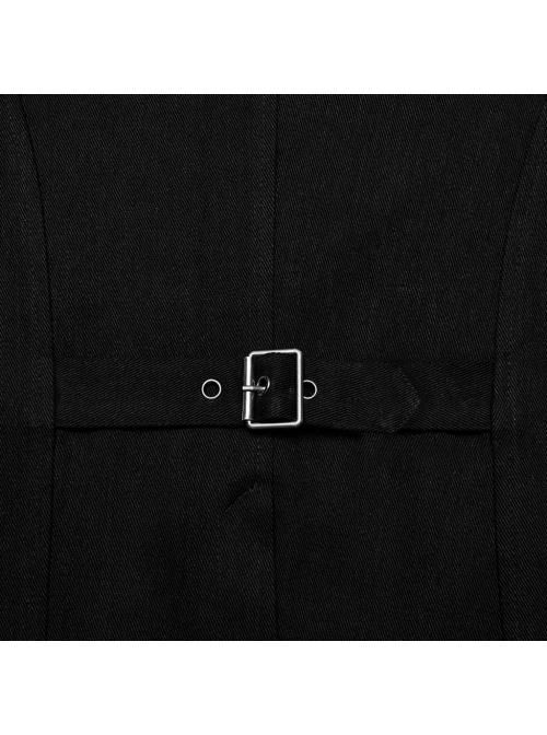 Black Twill Woven Splicing Thick Mesh Front D-Shaped Buckle Decoration With Webbing Studs Punk Style Long Sleeved Jacket