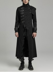 Asymmetrical Black Twill Spliced Pressed Rubber High Collar Split Front Japanese Button Design Punk Style Long Coat