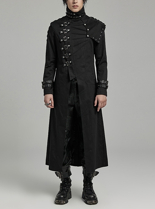 Asymmetrical Black Twill Spliced Pressed Rubber High Collar Split Front Japanese Button Design Punk Style Long Coat