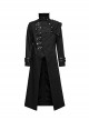 Asymmetrical Black Twill Spliced Pressed Rubber High Collar Split Front Japanese Button Design Punk Style Long Coat