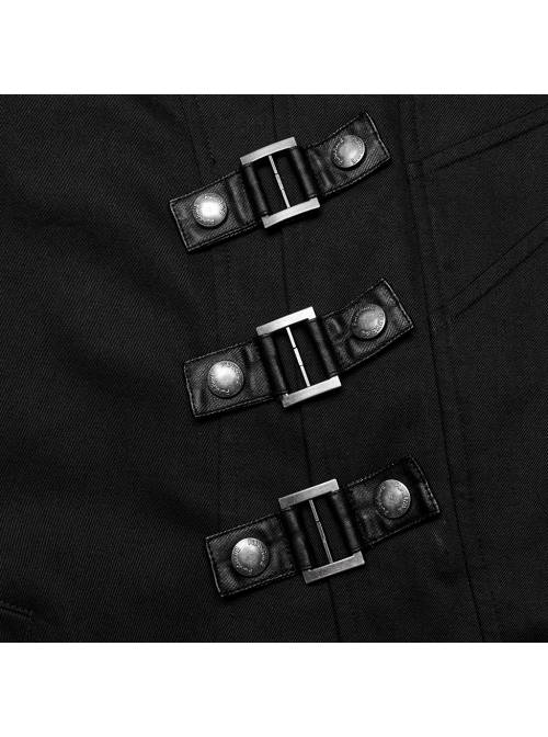 Asymmetrical Black Twill Spliced Pressed Rubber High Collar Split Front Japanese Button Design Punk Style Long Coat