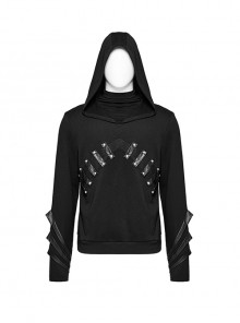 Black Micro Stretch Knit Stitched Pressed Rubber Front Mid Iron Studs Punk Style Hooded Long Sleeved Top