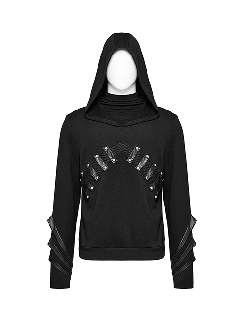Black Micro Stretch Knit Stitched Pressed Rubber Front Mid Iron Studs Punk Style Hooded Long Sleeved Top
