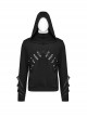 Black Micro Stretch Knit Stitched Pressed Rubber Front Mid Iron Studs Punk Style Hooded Long Sleeved Top