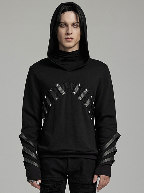 Black Micro Stretch Knit Stitched Pressed Rubber Front Mid Iron Studs Punk Style Hooded Long Sleeved Top