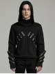 Black Micro Stretch Knit Stitched Pressed Rubber Front Mid Iron Studs Punk Style Hooded Long Sleeved Top