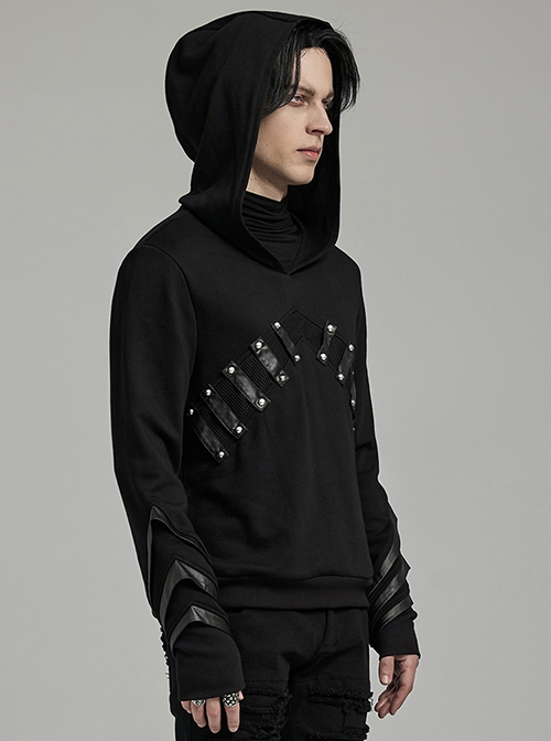 Black Micro Stretch Knit Stitched Pressed Rubber Front Mid Iron Studs Punk Style Hooded Long Sleeved Top