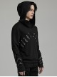 Black Micro Stretch Knit Stitched Pressed Rubber Front Mid Iron Studs Punk Style Hooded Long Sleeved Top