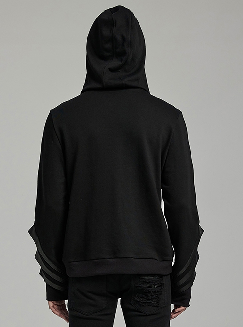 Black Micro Stretch Knit Stitched Pressed Rubber Front Mid Iron Studs Punk Style Hooded Long Sleeved Top