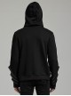 Black Micro Stretch Knit Stitched Pressed Rubber Front Mid Iron Studs Punk Style Hooded Long Sleeved Top