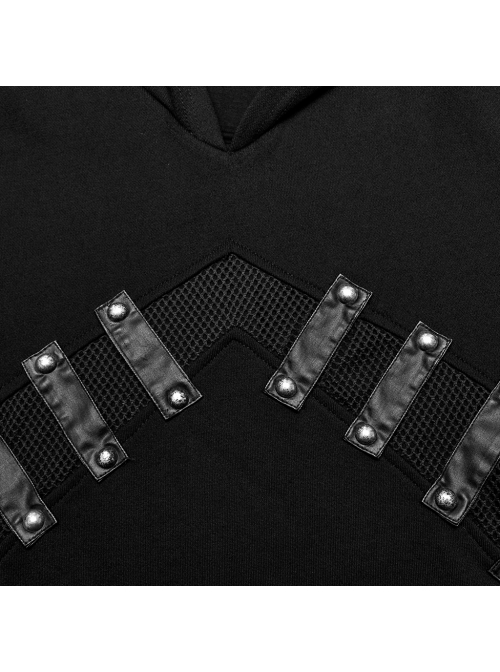 Black Micro Stretch Knit Stitched Pressed Rubber Front Mid Iron Studs Punk Style Hooded Long Sleeved Top