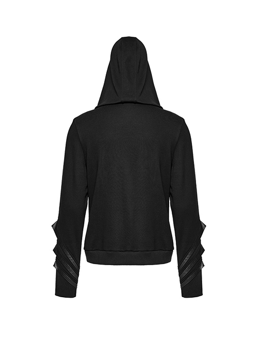Black Micro Stretch Knit Stitched Pressed Rubber Front Mid Iron Studs Punk Style Hooded Long Sleeved Top