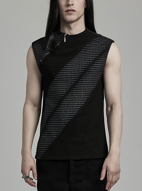 Personalized Black Three Dimensional Jacquard Twill Knitted Front Collar Zipper Design Punk Style Rebellious Vest