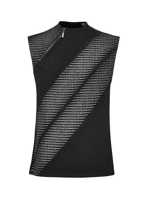 Personalized Black Three Dimensional Jacquard Twill Knitted Front Collar Zipper Design Punk Style Rebellious Vest