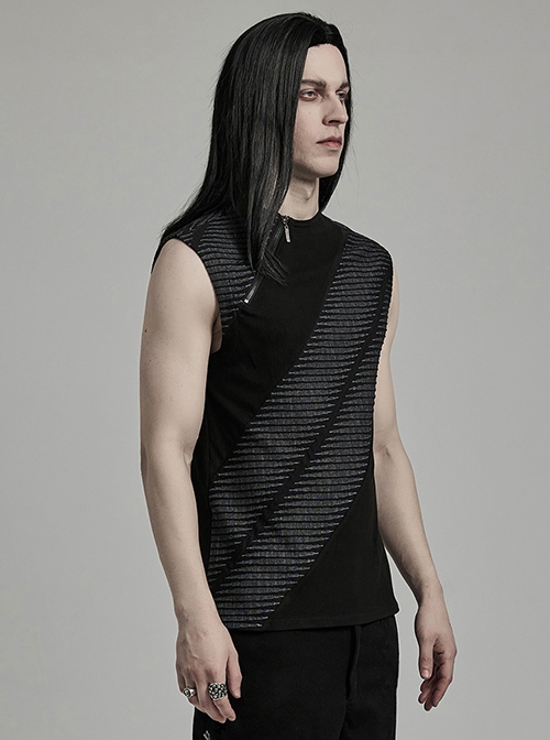 Personalized Black Three Dimensional Jacquard Twill Knitted Front Collar Zipper Design Punk Style Rebellious Vest