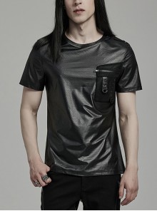 Black Perforated Knit Front Mesh Pocket Patchwork Design Punk Style Short Sleeved T-Shirt