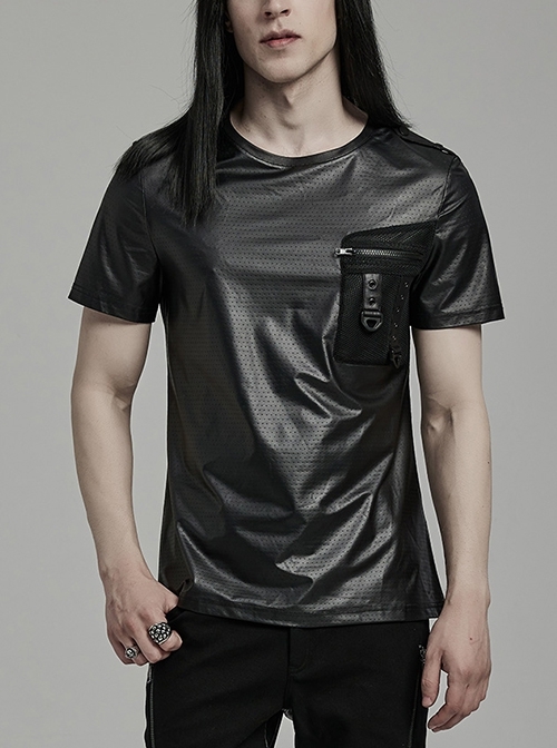 Black Perforated Knit Front Mesh Pocket Patchwork Design Punk Style Short Sleeved T-Shirt