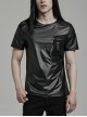 Black Perforated Knit Front Mesh Pocket Patchwork Design Punk Style Short Sleeved T-Shirt