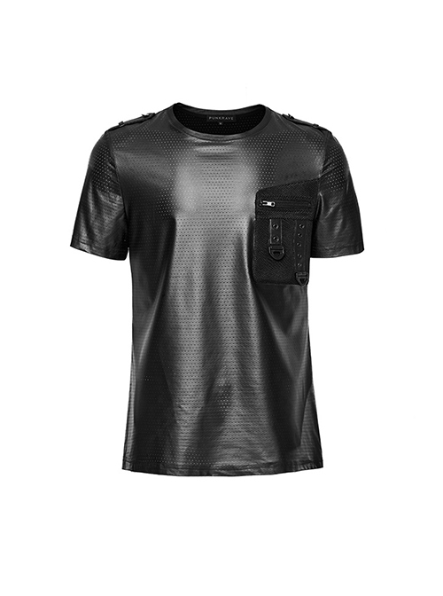 Black Perforated Knit Front Mesh Pocket Patchwork Design Punk Style Short Sleeved T-Shirt