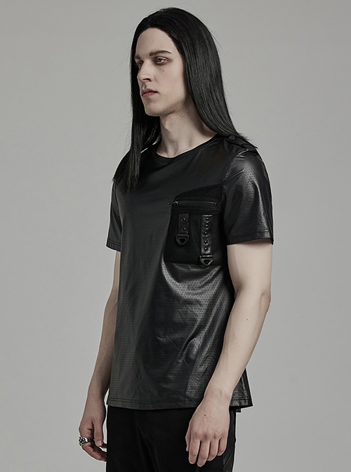 Black Perforated Knit Front Mesh Pocket Patchwork Design Punk Style Short Sleeved T-Shirt