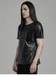 Black Perforated Knit Front Mesh Pocket Patchwork Design Punk Style Short Sleeved T-Shirt