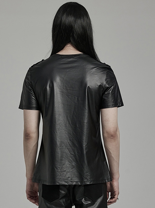 Black Perforated Knit Front Mesh Pocket Patchwork Design Punk Style Short Sleeved T-Shirt