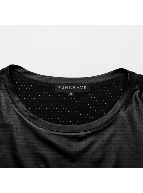 Black Perforated Knit Front Mesh Pocket Patchwork Design Punk Style Short Sleeved T-Shirt