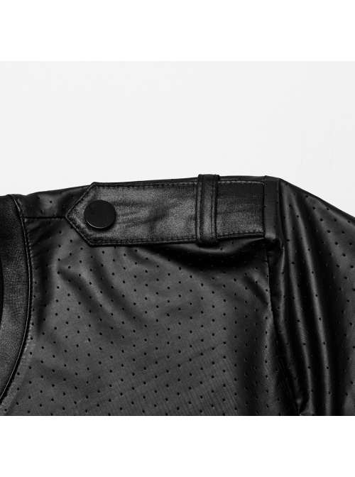 Black Perforated Knit Front Mesh Pocket Patchwork Design Punk Style Short Sleeved T-Shirt