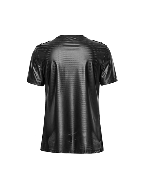 Black Perforated Knit Front Mesh Pocket Patchwork Design Punk Style Short Sleeved T-Shirt