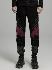 Black Ripped Eyelet Tie Black Micro Elastic Knitted Spliced Cracked Leather Punk Style Handsome Trousers