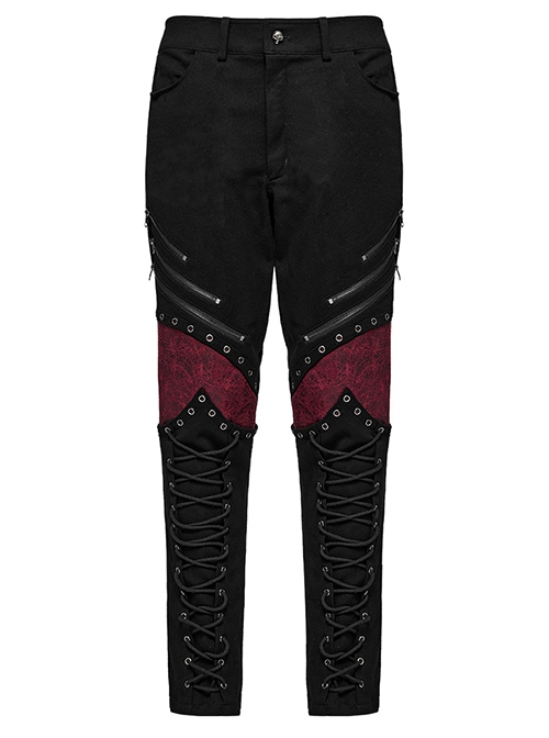 Black Ripped Eyelet Tie Black Micro Elastic Knitted Spliced Cracked Leather Punk Style Handsome Trousers