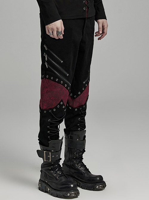 Black Ripped Eyelet Tie Black Micro Elastic Knitted Spliced Cracked Leather Punk Style Handsome Trousers