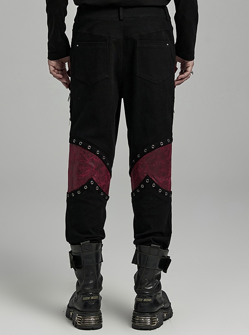 Black Ripped Eyelet Tie Black Micro Elastic Knitted Spliced Cracked Leather Punk Style Handsome Trousers