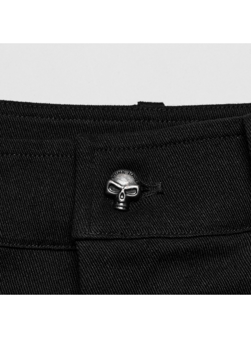 Black Ripped Eyelet Tie Black Micro Elastic Knitted Spliced Cracked Leather Punk Style Handsome Trousers