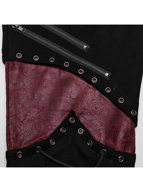 Black Ripped Eyelet Tie Black Micro Elastic Knitted Spliced Cracked Leather Punk Style Handsome Trousers