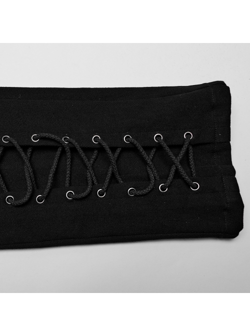 Black Ripped Eyelet Tie Black Micro Elastic Knitted Spliced Cracked Leather Punk Style Handsome Trousers