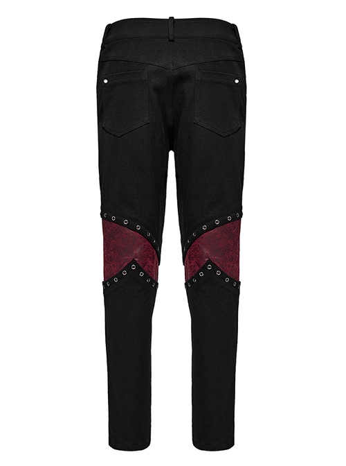 Black Ripped Eyelet Tie Black Micro Elastic Knitted Spliced Cracked Leather Punk Style Handsome Trousers