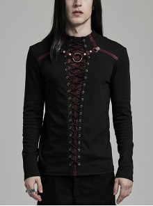 Personalized Black And Red Stretch Knitted Spliced Cracked Leather Mesh Front Metal Ring With Studs And Rope Design Punk Style Long Sleeved T-Shirt